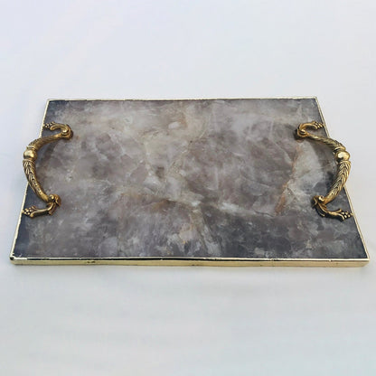 Smoky Quartz Agate  Serving Tray With Brass Handles