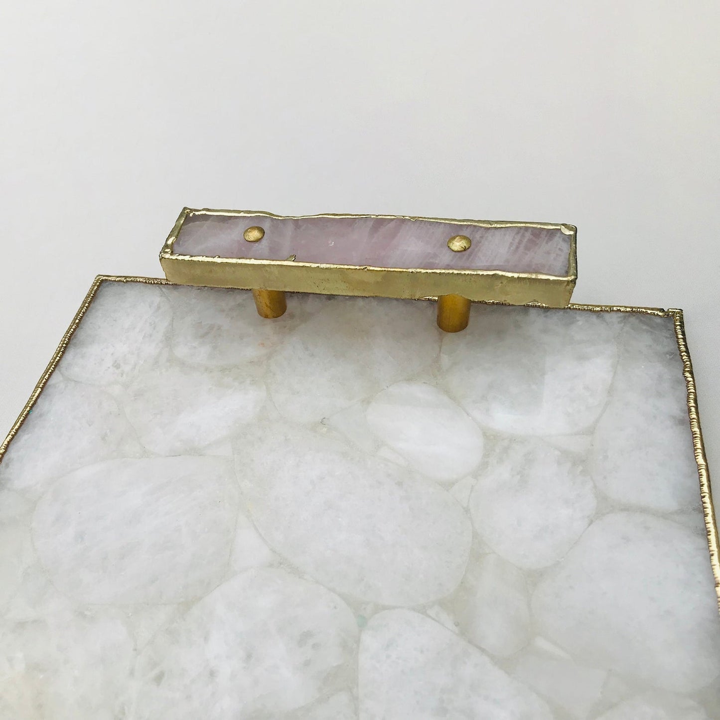 White Crystal Agate Plated Serving Tray With Rose Quartz Handles/Personalised Momentos/Sign Boards