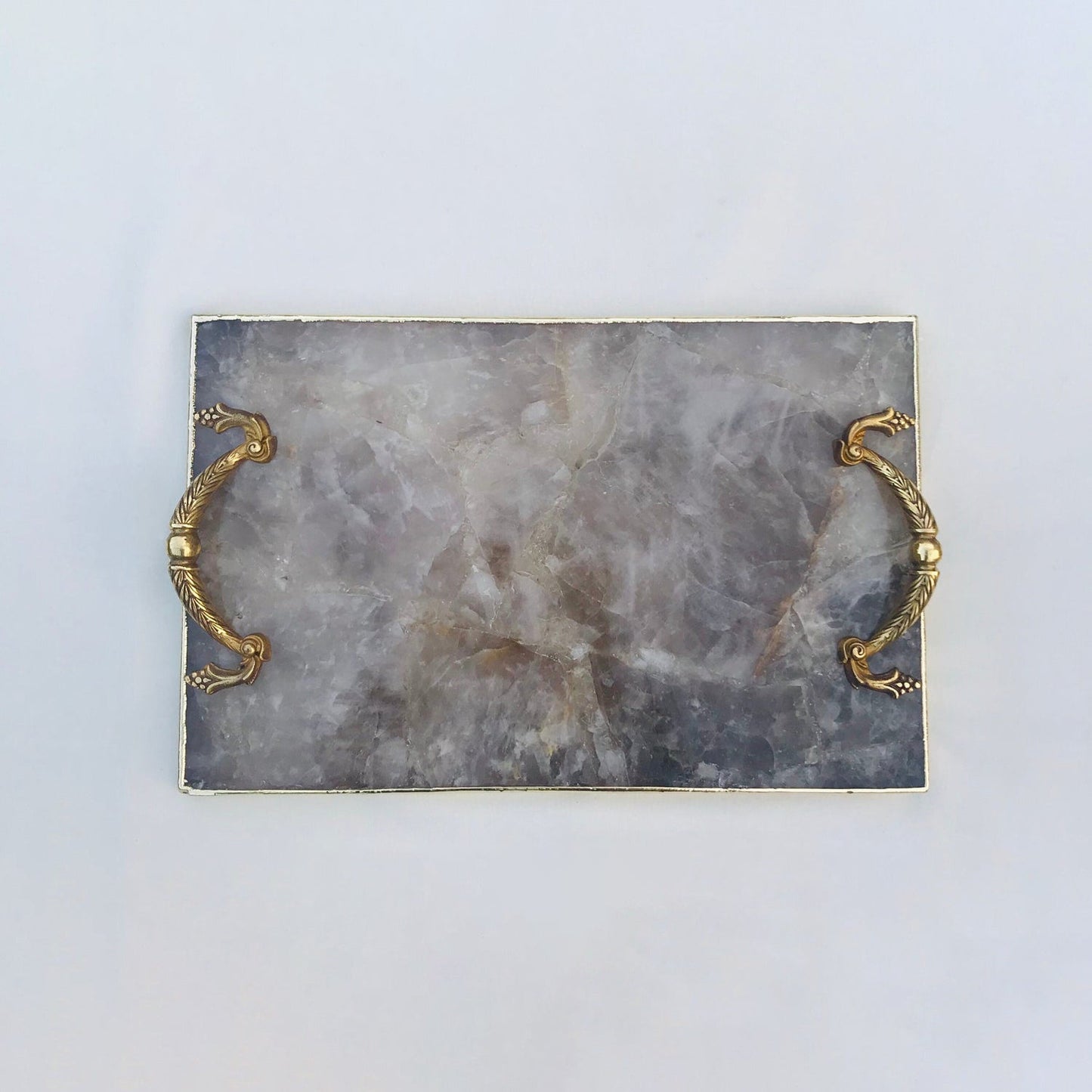 Smoky Quartz Agate  Serving Tray With Brass Handles