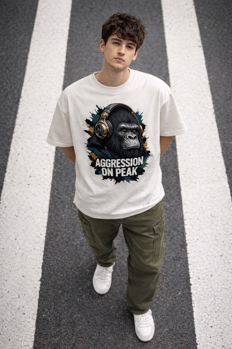 AGGRESSION ON PEAK Oversized T-Shirt – 210 GSM Heavyweight Streetwear | Monkey Eye