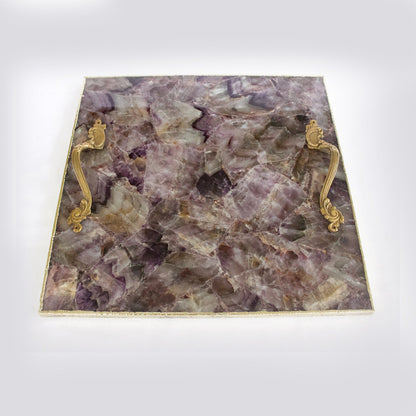 Amethyst Agate Serving Tray With Brass Handles | Square