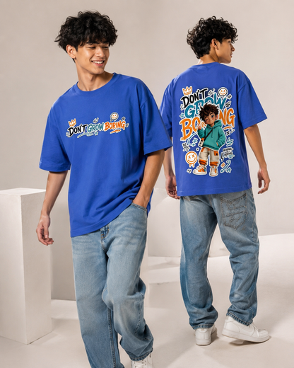 DON’T GROW BORING™ Oversized Streetwear Tee – Electric Blue