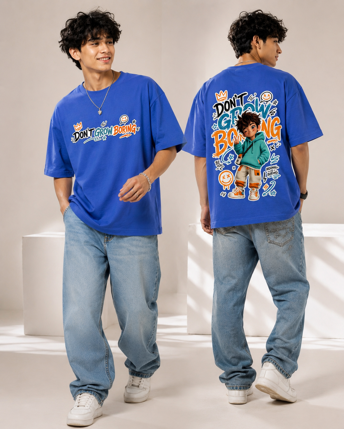 DON’T GROW BORING™ Oversized Streetwear Tee – Electric Blue