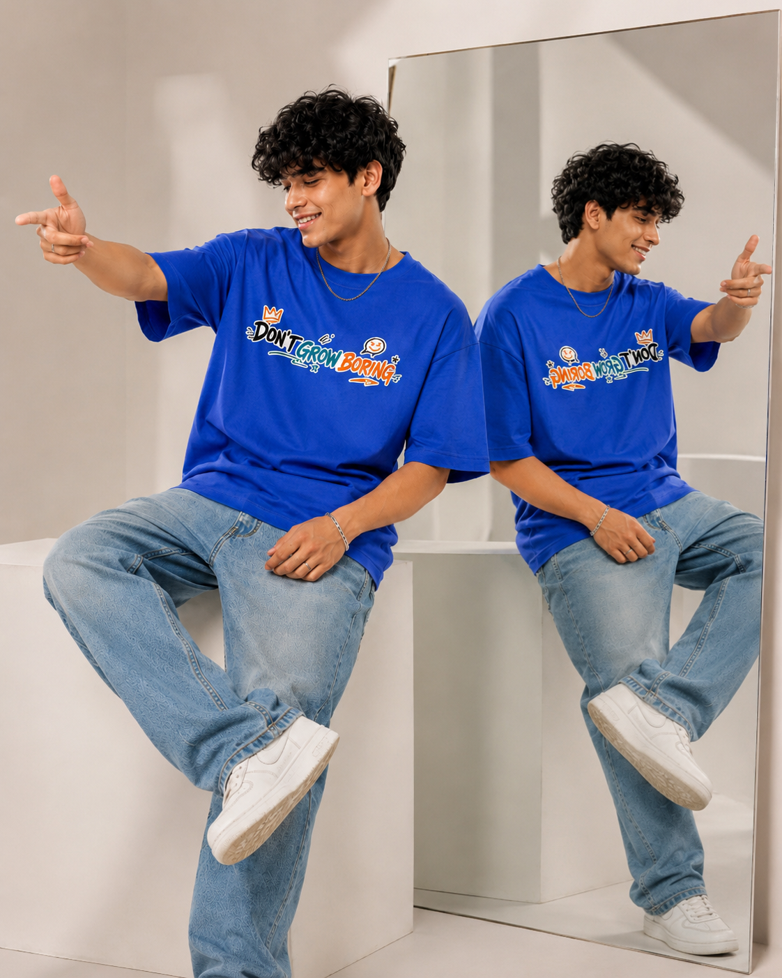 DON’T GROW BORING™ Oversized Streetwear Tee – Electric Blue