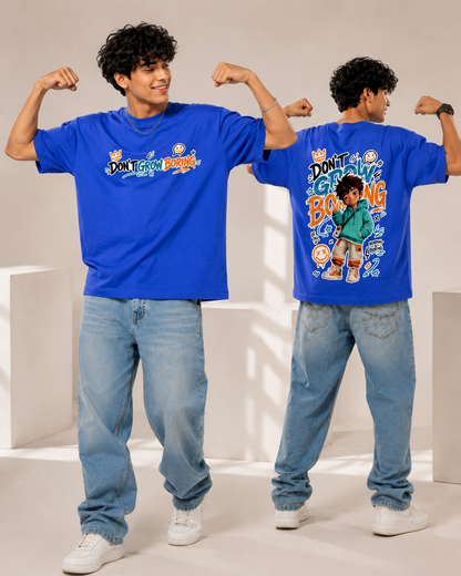 DON’T GROW BORING™ Oversized Streetwear Tee – Electric Blue