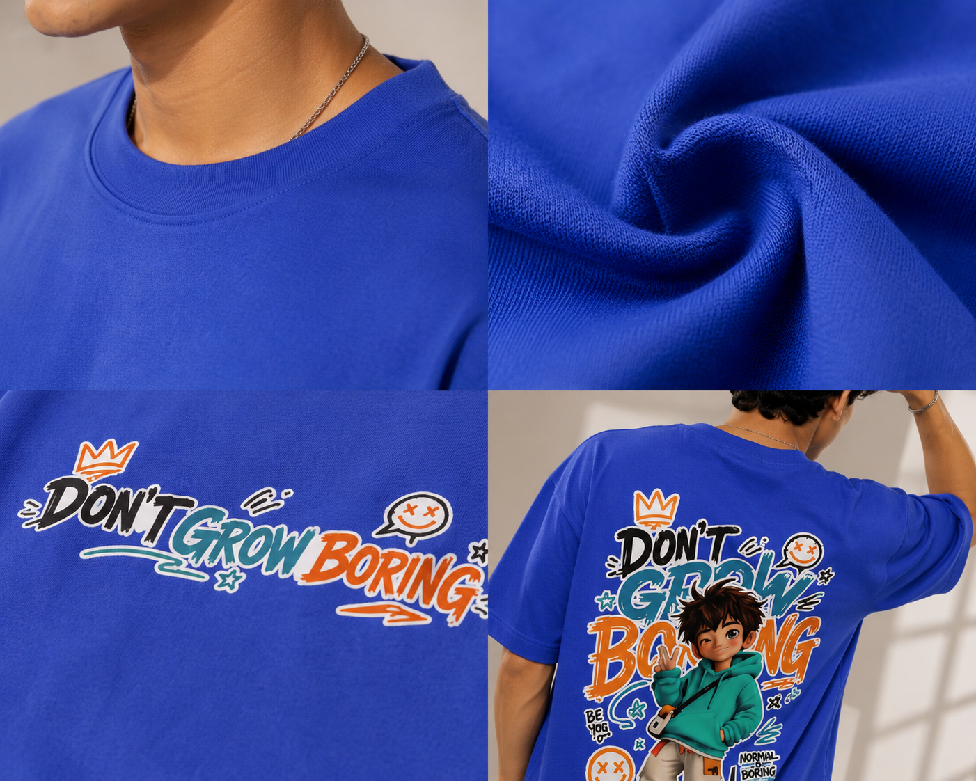 DON’T GROW BORING™ Oversized Streetwear Tee – Electric Blue