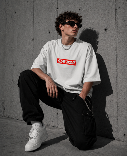 STAY WILD™ Oversized Streetwear Tee— Off White | 240 GSM Premium Cotton