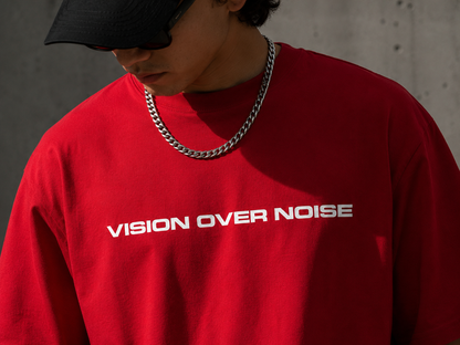 VISION OVER NOISE™ Oversized Streetwear Tee – Crimson Red 240 GSM