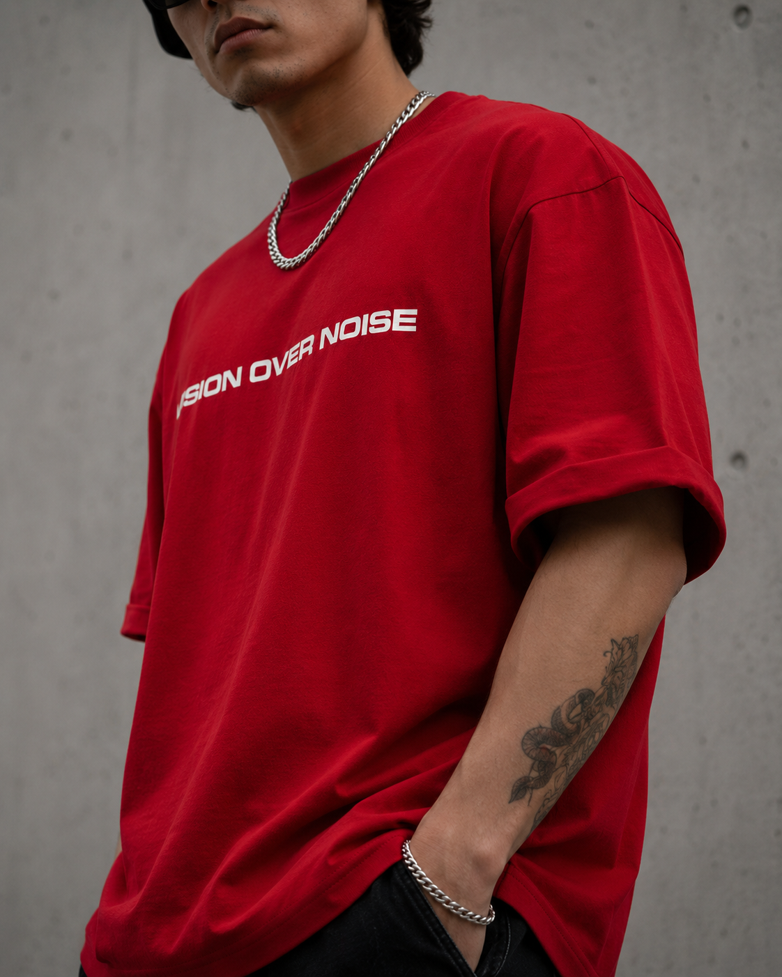 VISION OVER NOISE™ Oversized Streetwear Tee – Crimson Red 240 GSM