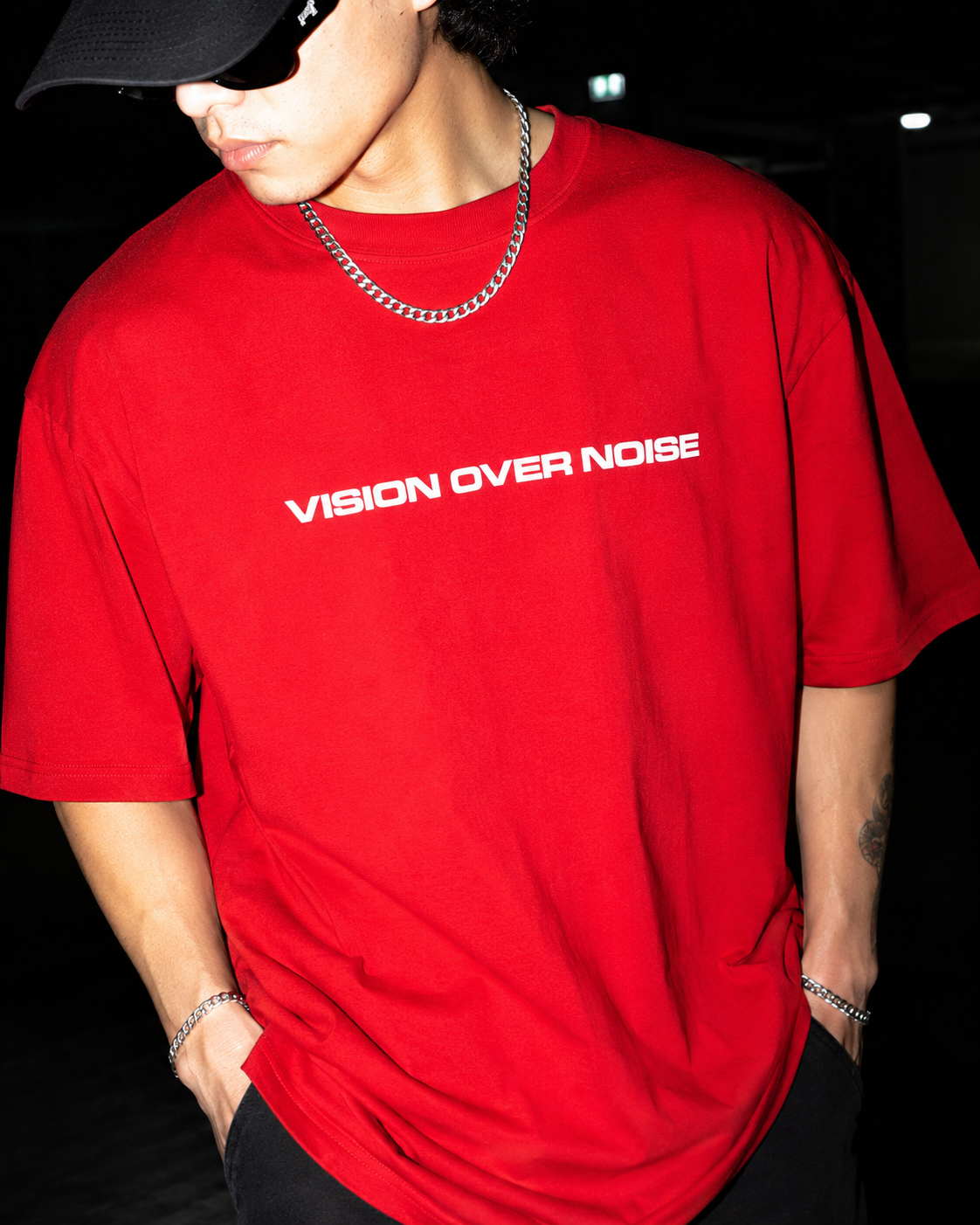 VISION OVER NOISE™ Oversized Streetwear Tee – Crimson Red 240 GSM