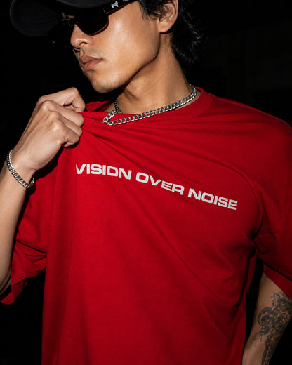 VISION OVER NOISE™ Oversized Streetwear Tee – Crimson Red 240 GSM