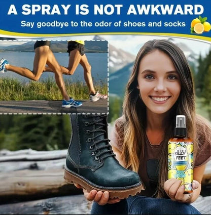 Advertisement for a spray product to eliminate shoe and sock odor, featuring a woman holding a bottle and a boot.