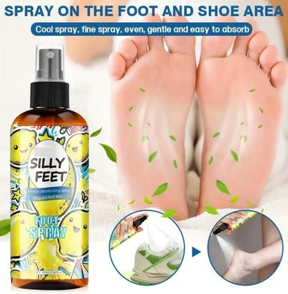 Silly Feet foot spray bottle with a close-up of feet and shoe being sprayed, on a white background.