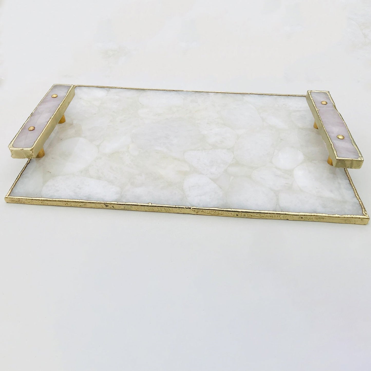 White Crystal Agate Plated Serving Tray With Rose Quartz Handles/Personalised Momentos/Sign Boards
