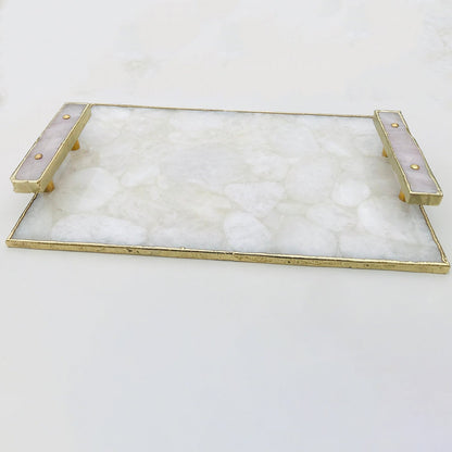 White Crystal Agate Plated Serving Tray With Rose Quartz Handles/Personalised Momentos/Sign Boards