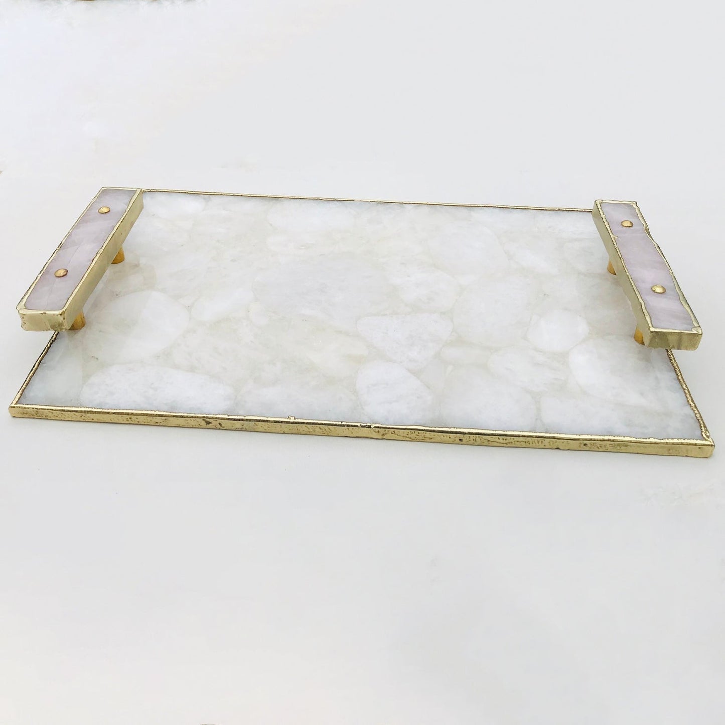 White Crystal Agate Plated Serving Tray With Rose Quartz Handles/Personalised Momentos/Sign Boards