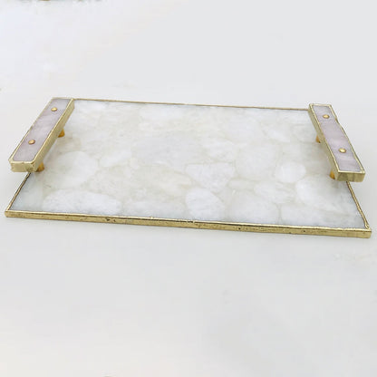 White Crystal Agate Plated Serving Tray With Rose Quartz Handles/Personalised Momentos/Sign Boards