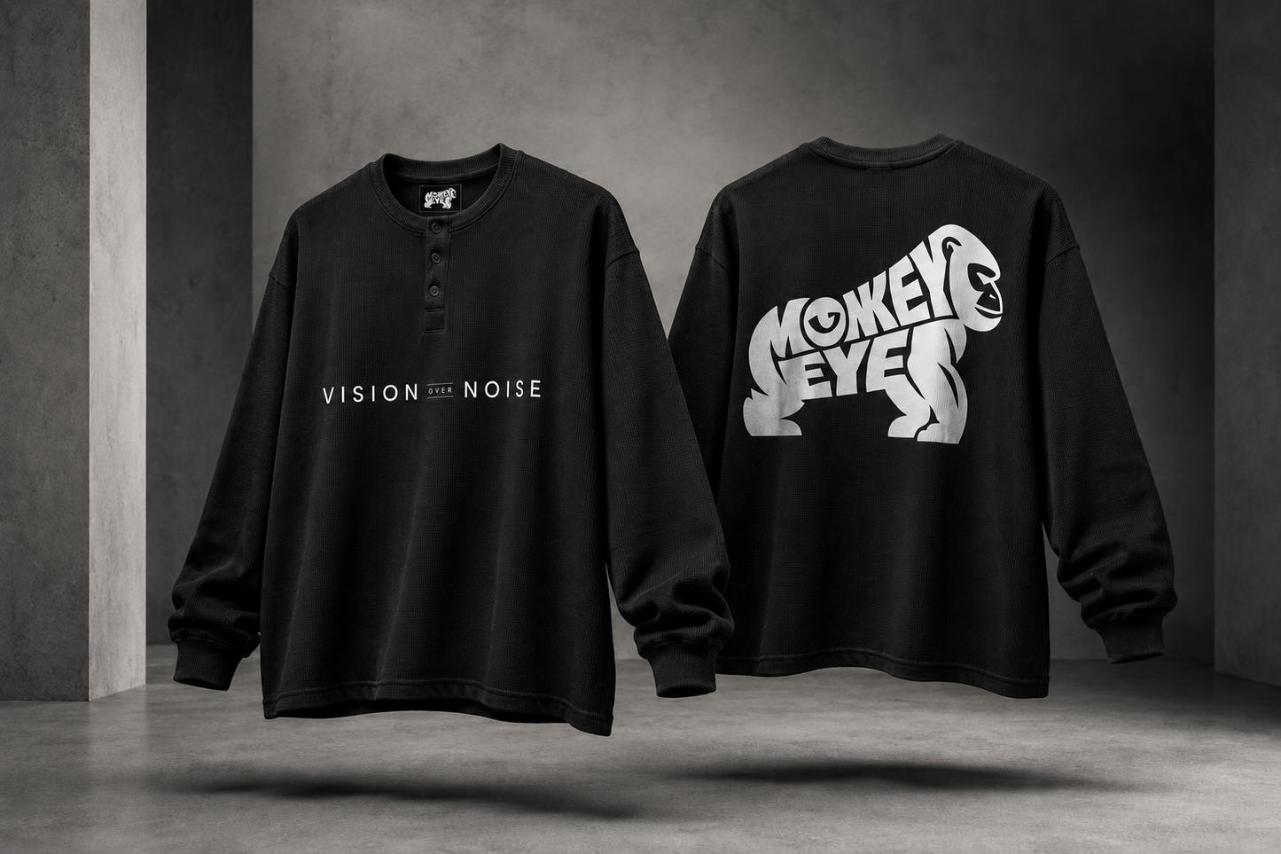 Monkey Eye Waffle Knit Henley – Vision Over Noise | Oversized Long Sleeve | 240 GSM |