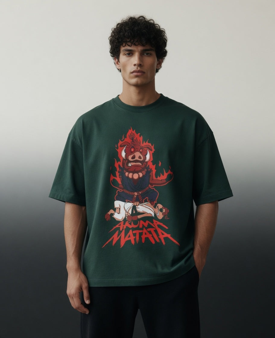 Akuma Matata Oversized T-Shirt (Bottle Green) – 240 GSM Heavy Cotton Streetwear