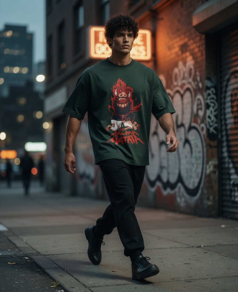 Akuma Matata Oversized T-Shirt (Bottle Green) – 240 GSM Heavy Cotton Streetwear