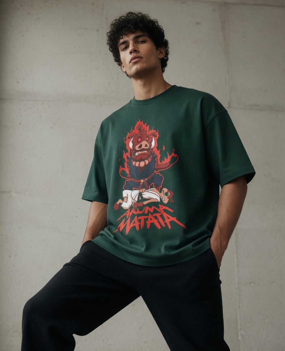Akuma Matata Oversized T-Shirt (Bottle Green) – 240 GSM Heavy Cotton Streetwear