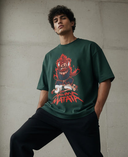 Akuma Matata Oversized T-Shirt (Bottle Green) – 240 GSM Heavy Cotton Streetwear